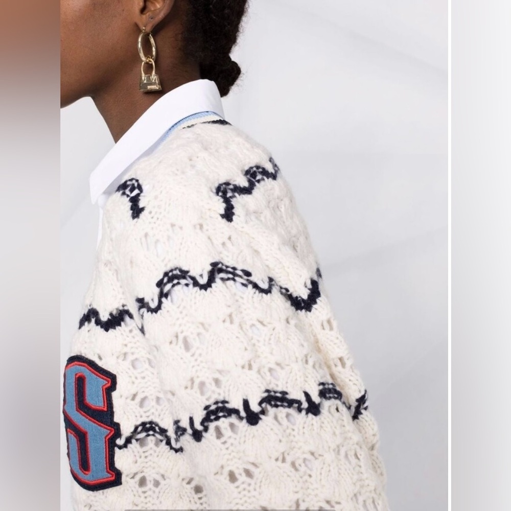 Sandro - Ludvik Cream Crochet Cardigan Sweater w Logo Patch Pocket - size Small - Picture 2 of 14